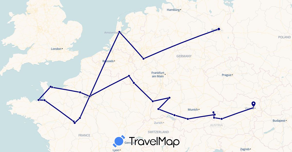 TravelMap itinerary: driving in Austria, Belgium, Germany, France, Luxembourg, Netherlands (Europe)